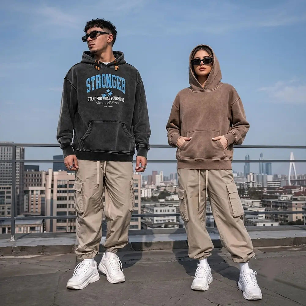 Male and female models wearing premium hoodies and casual outerwear from the CLOTHRA Cozy Outerwear collection.