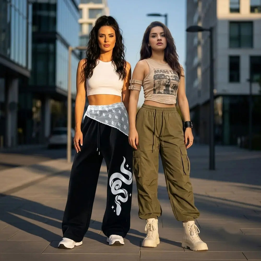 Female model wearing trendy women's streetwear with oversized fit and casual urban style.