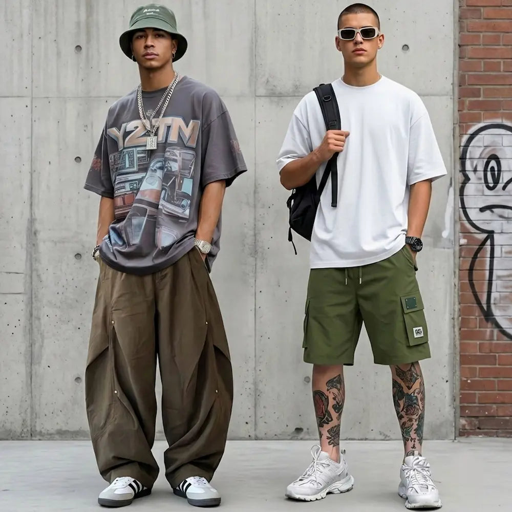 Male model wearing modern men's streetwear including oversized t-shirt and cargo pants.