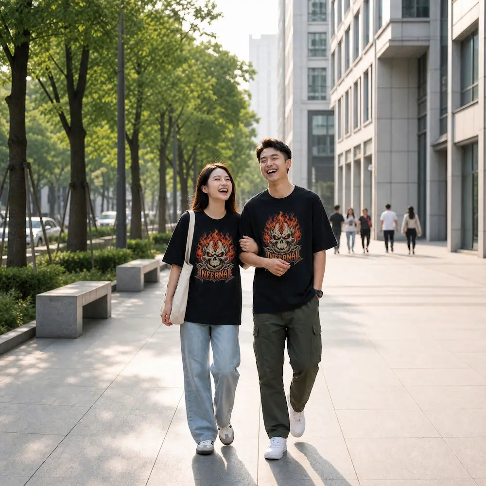 Male and female models wearing CLOTHRA Original graphic t-shirts while walking through a modern city street.