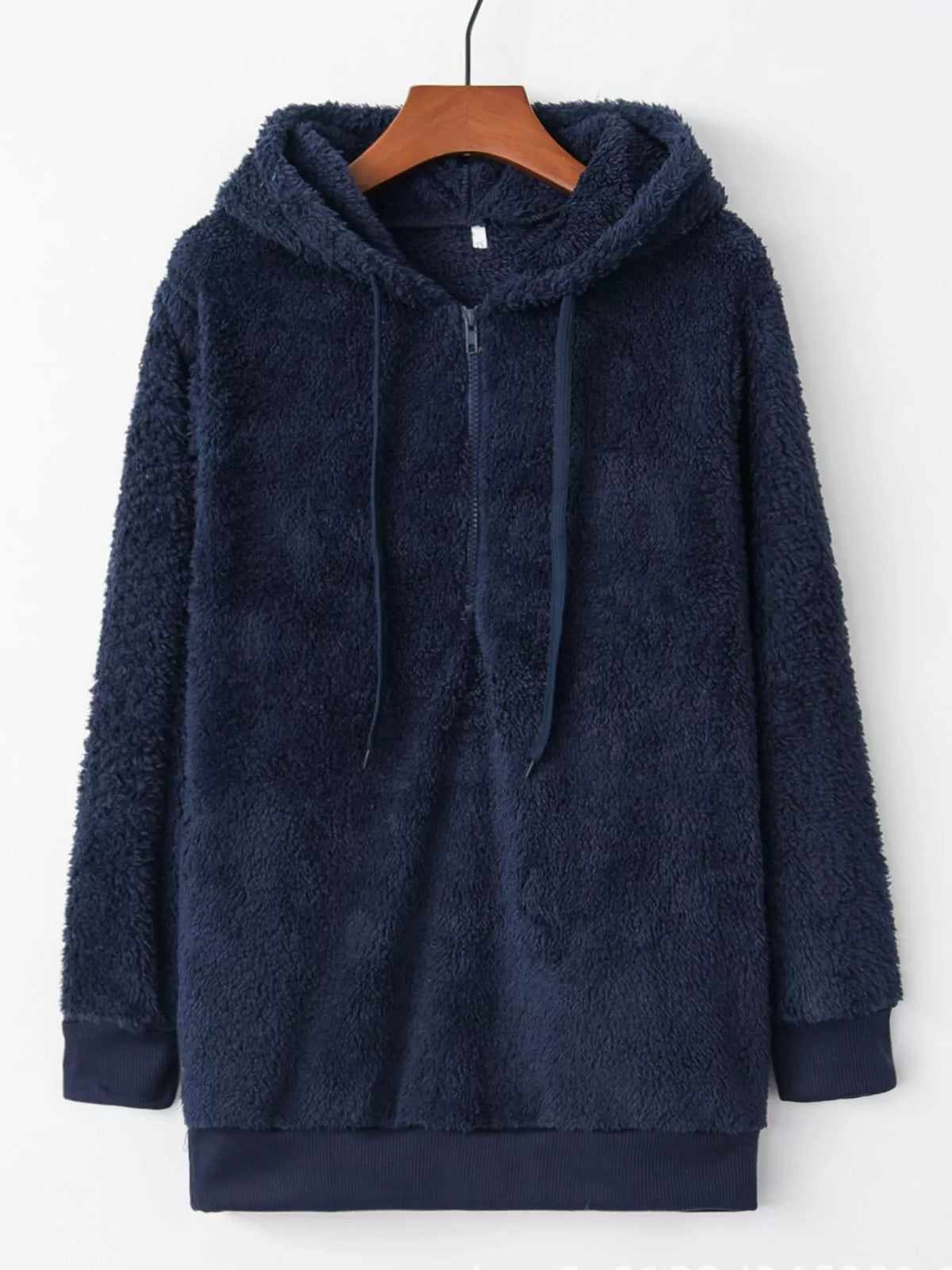 Close up of the high-quality front half zipper and thick adjustable hood drawstrings on CLOTHRA unisex fleece pullover. in a color Blue