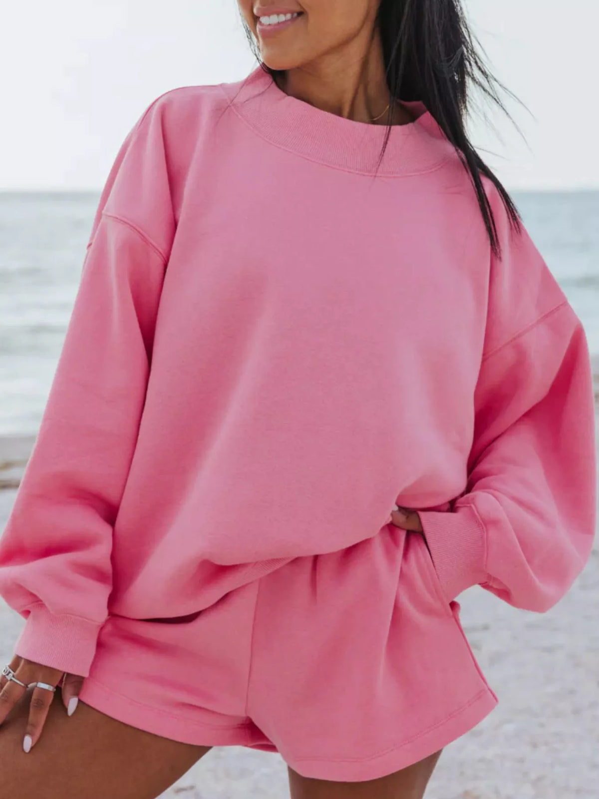 Women's two-piece sweatshirt and matching shorts outfit