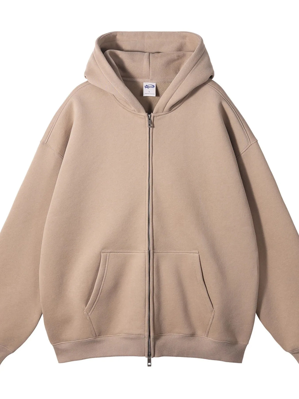 CLOTHRA unisex premium fleece zip-up hoodie showing an oversized fit and cozy streetwear style with front zipper. in a color Khaki