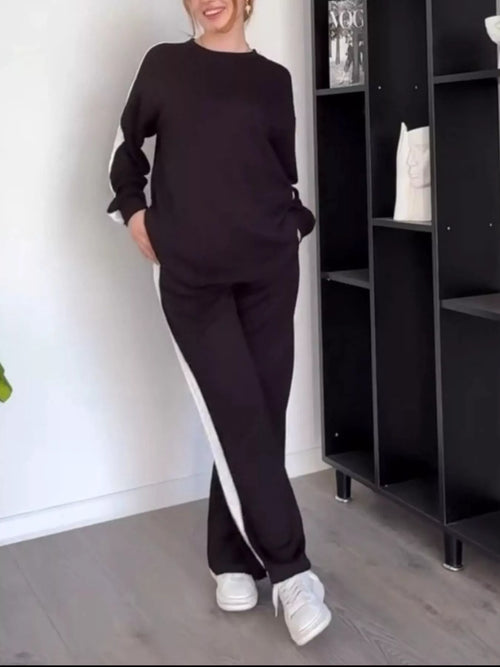 CLOTHRA plus size matching contrast round neck top and relaxed pants two piece color block tracksuit set in a clean urban look. in a color Dark brown 
