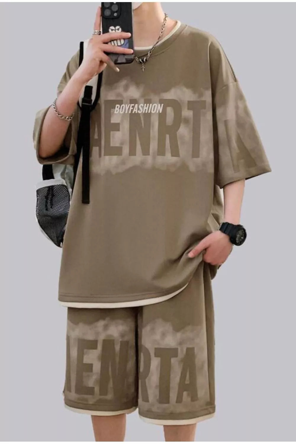 CLOTHRA men plus size oversized matching two piece t-shirt and shorts set showing a relaxed drop shoulder fit and urban streetwear style. in a color Taupe