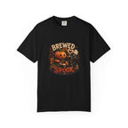 A black short-sleeve crewneck t-shirt featuring a colorful Halloween graphic on the chest with a jack-o'-lantern, a skeleton, a mug, and the text 'BREWED FOR SPOOK'.