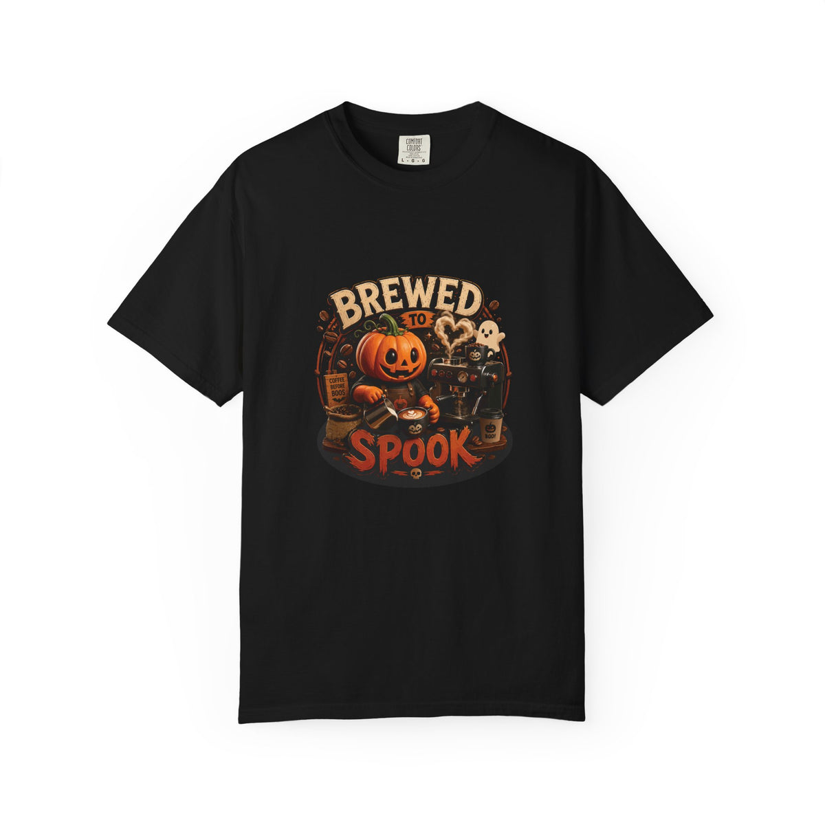 A black short-sleeve crewneck t-shirt featuring a colorful Halloween graphic on the chest with a jack-o'-lantern, a skeleton, a mug, and the text 'BREWED FOR SPOOK'.