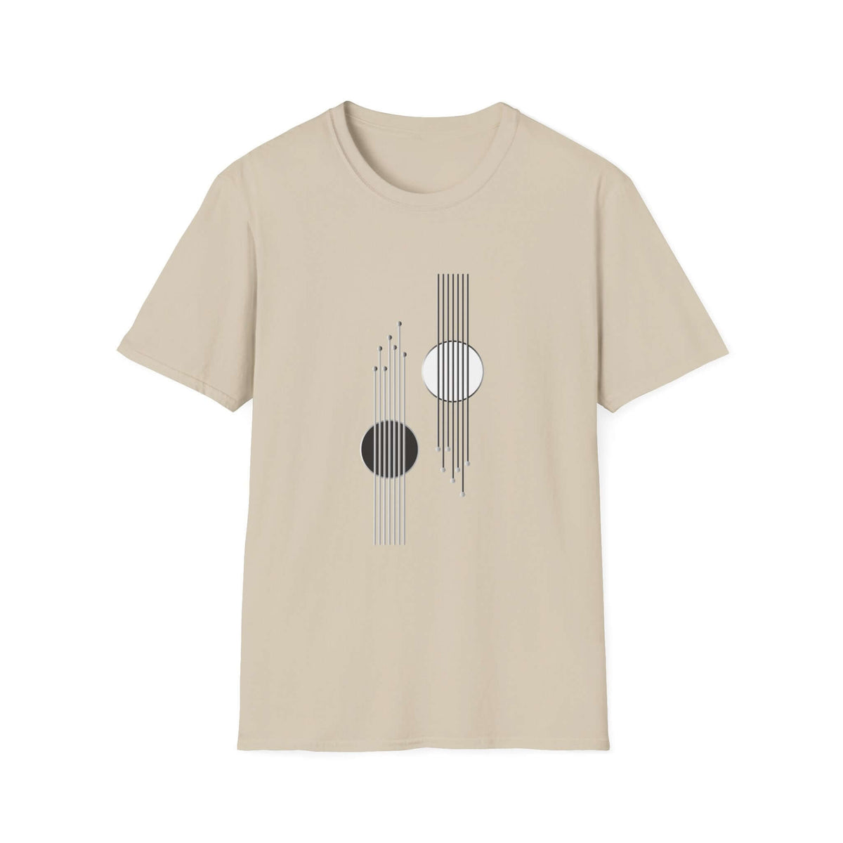 A beige short-sleeve crewneck t-shirt featuring a minimalist geometric graphic on the front with vertical lines and circular elements in black and white.