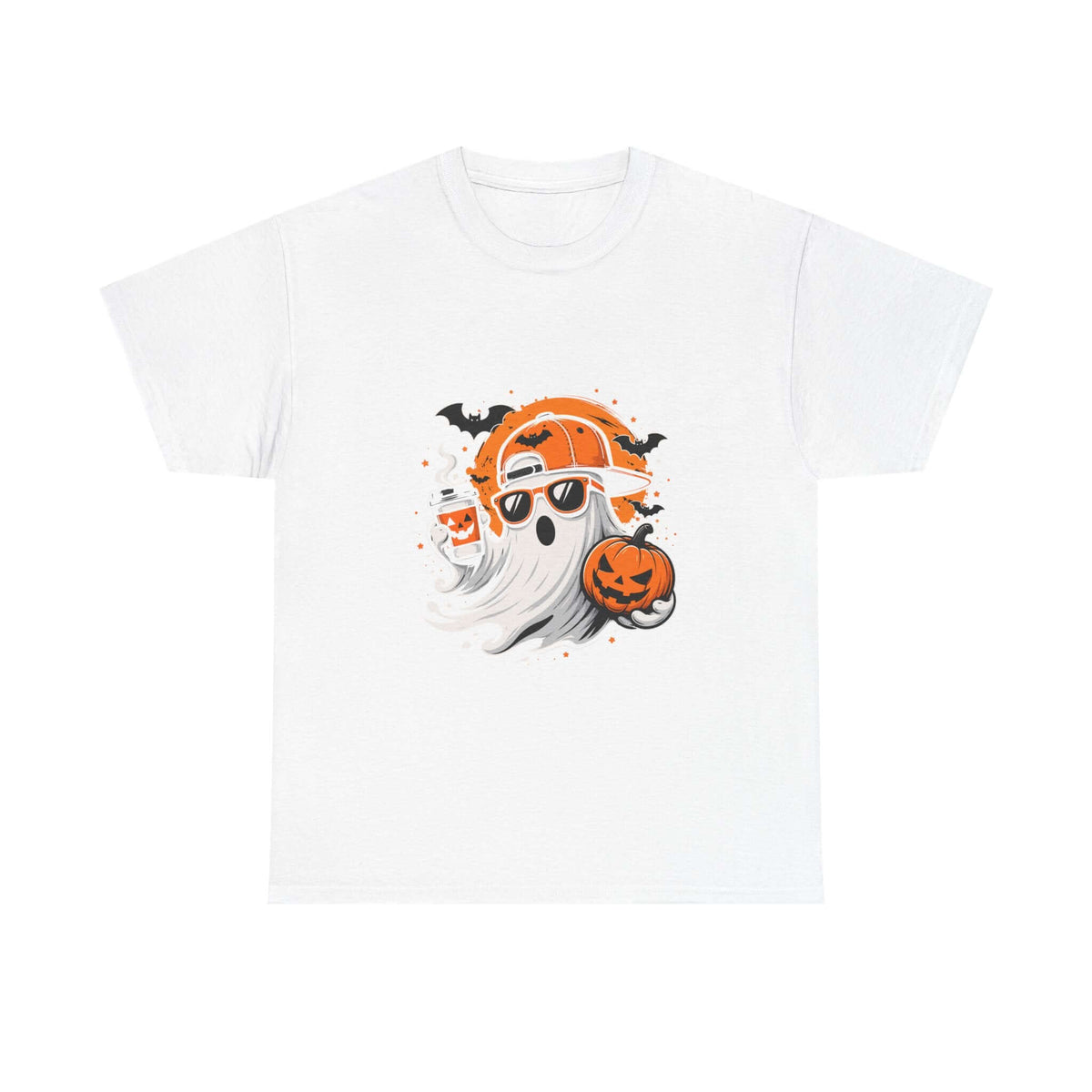 A white short-sleeve crewneck t-shirt featuring a cartoon graphic of a ghost wearing an orange pumpkin-themed helmet and sunglasses, holding a jack-o'-lantern, with small bats and paint splatters.