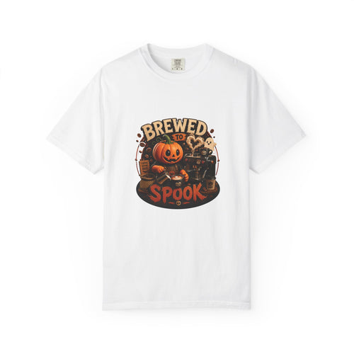 A white short-sleeve crewneck t-shirt featuring a colorful graphic on the front with a jack-o'-lantern, a ghost, a skull, and the text 'BREWED FOR SPOOK'.