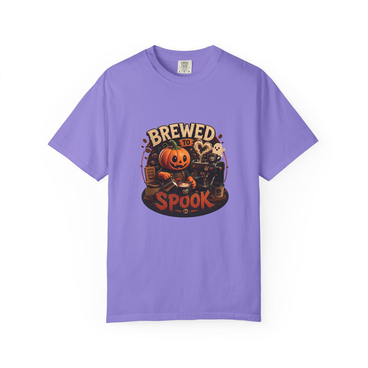 A purple short-sleeve crewneck t-shirt featuring a Halloween graphic on the chest with a jack-o'-lantern, a ghost, a witch, and the text 'BREWED FOR SPOOK'.