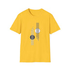 A yellow short-sleeve crewneck t-shirt featuring a minimalist geometric graphic on the front with vertical lines and two circular elements, one black and one white.
