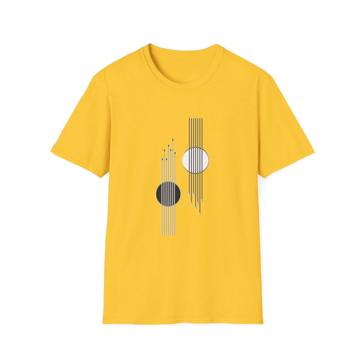 A yellow short-sleeve crewneck t-shirt featuring a minimalist geometric graphic on the front with vertical lines and two circular elements, one black and one white.