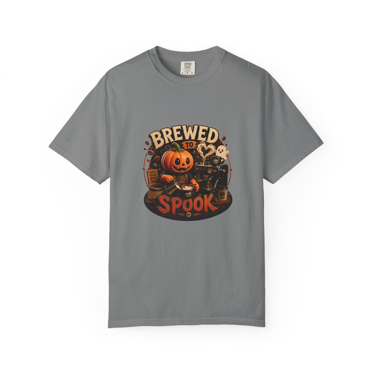 A gray short-sleeve crewneck t-shirt featuring a Halloween graphic on the chest with a jack-o'-lantern, a skeleton, a ghost, and the text 'BREWED FOR SPOOK'.