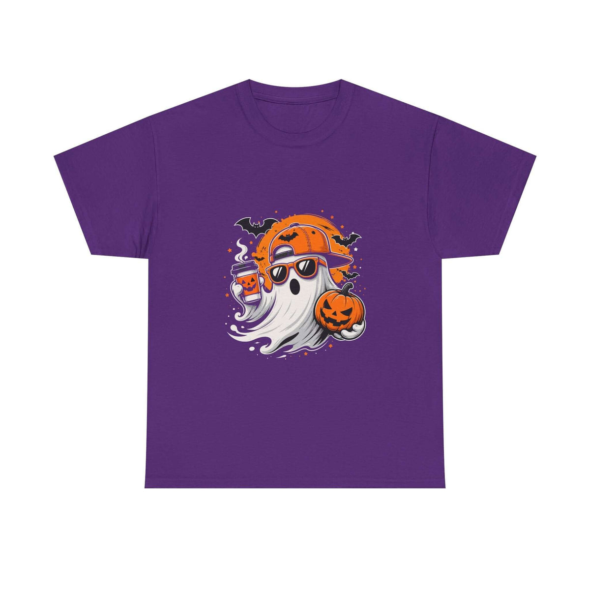 A purple short-sleeve crewneck t-shirt featuring a cartoon graphic of a ghost wearing an orange pumpkin-patterned bandana and sunglasses, holding a jack-o'-lantern, with small black bats in the background.