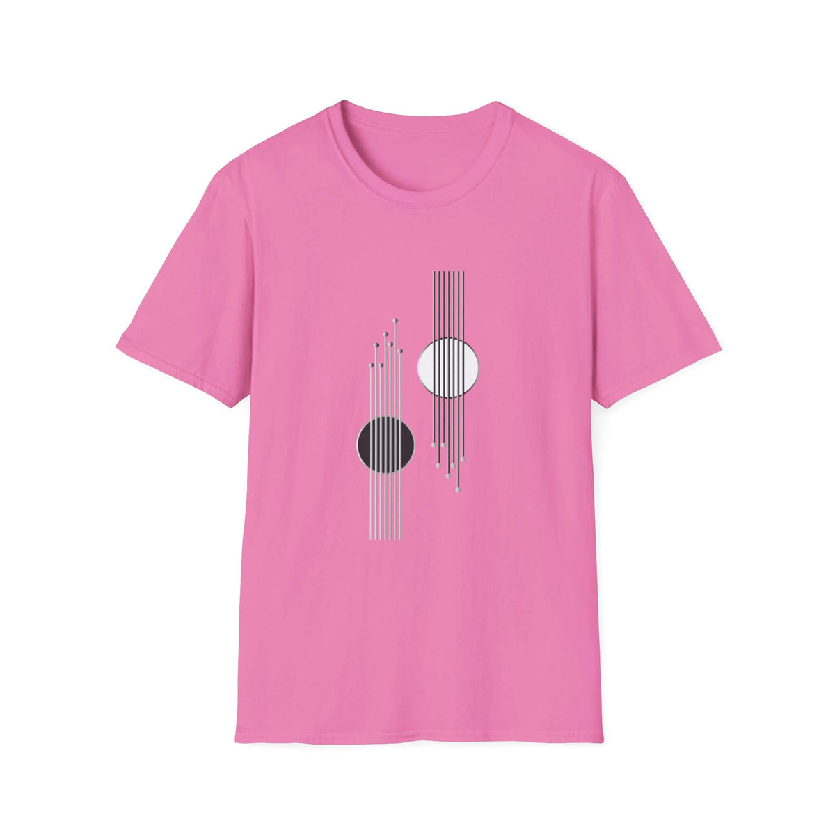 A pink short-sleeve crewneck t-shirt featuring a minimalist geometric graphic on the chest with vertical stripes and circles in black, white, and pink, displayed against a solid white background.