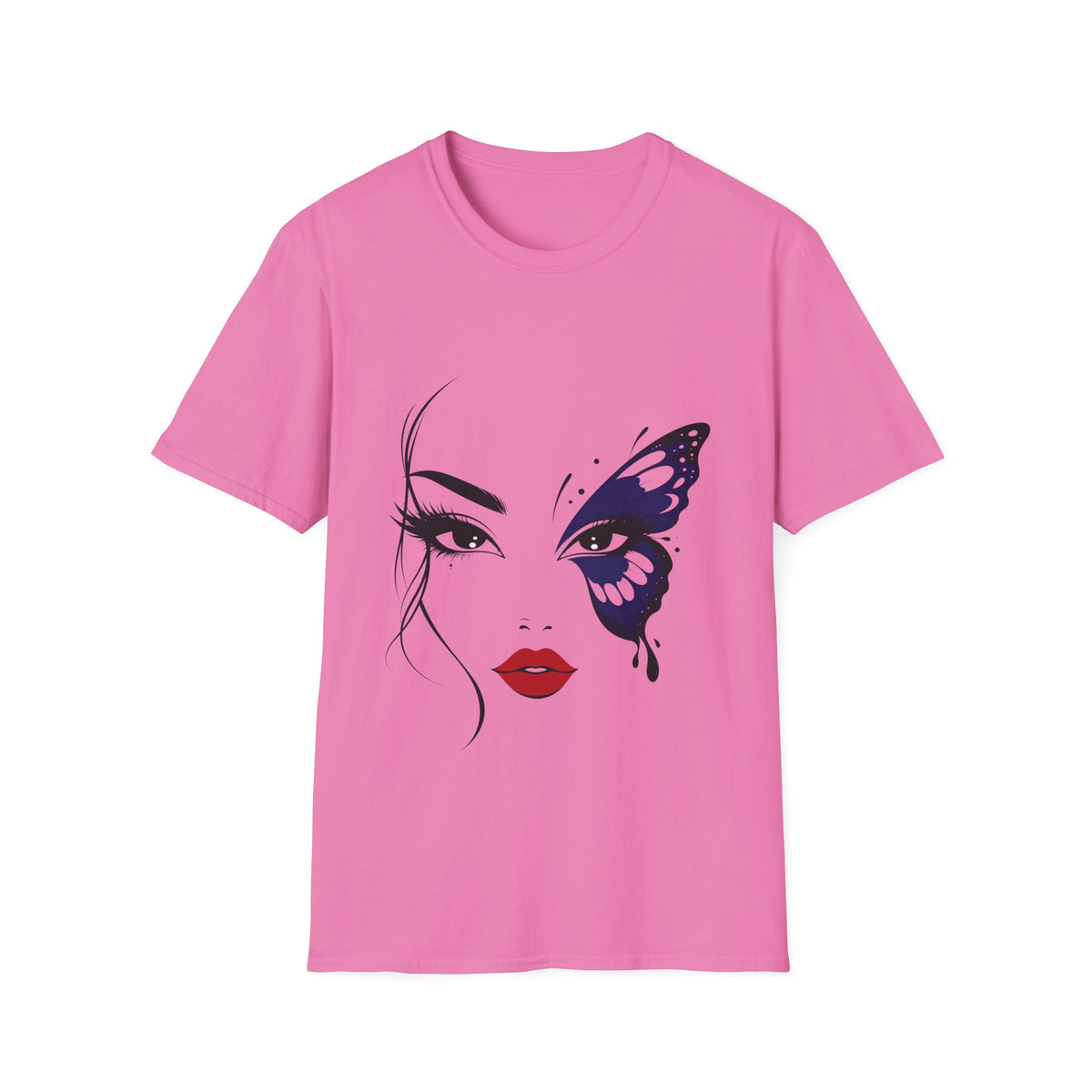 A pink short-sleeve crewneck t-shirt featuring a graphic print of a woman's face with one eye covered by a dark blue butterfly, set against a plain white background.