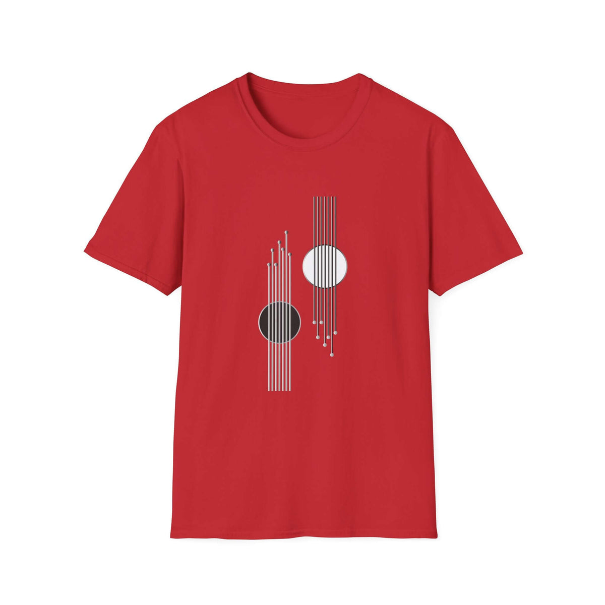 A red short-sleeve crewneck t-shirt featuring a minimalist graphic print on the front with vertical white and black lines and two circular elements, displayed against a solid white background.