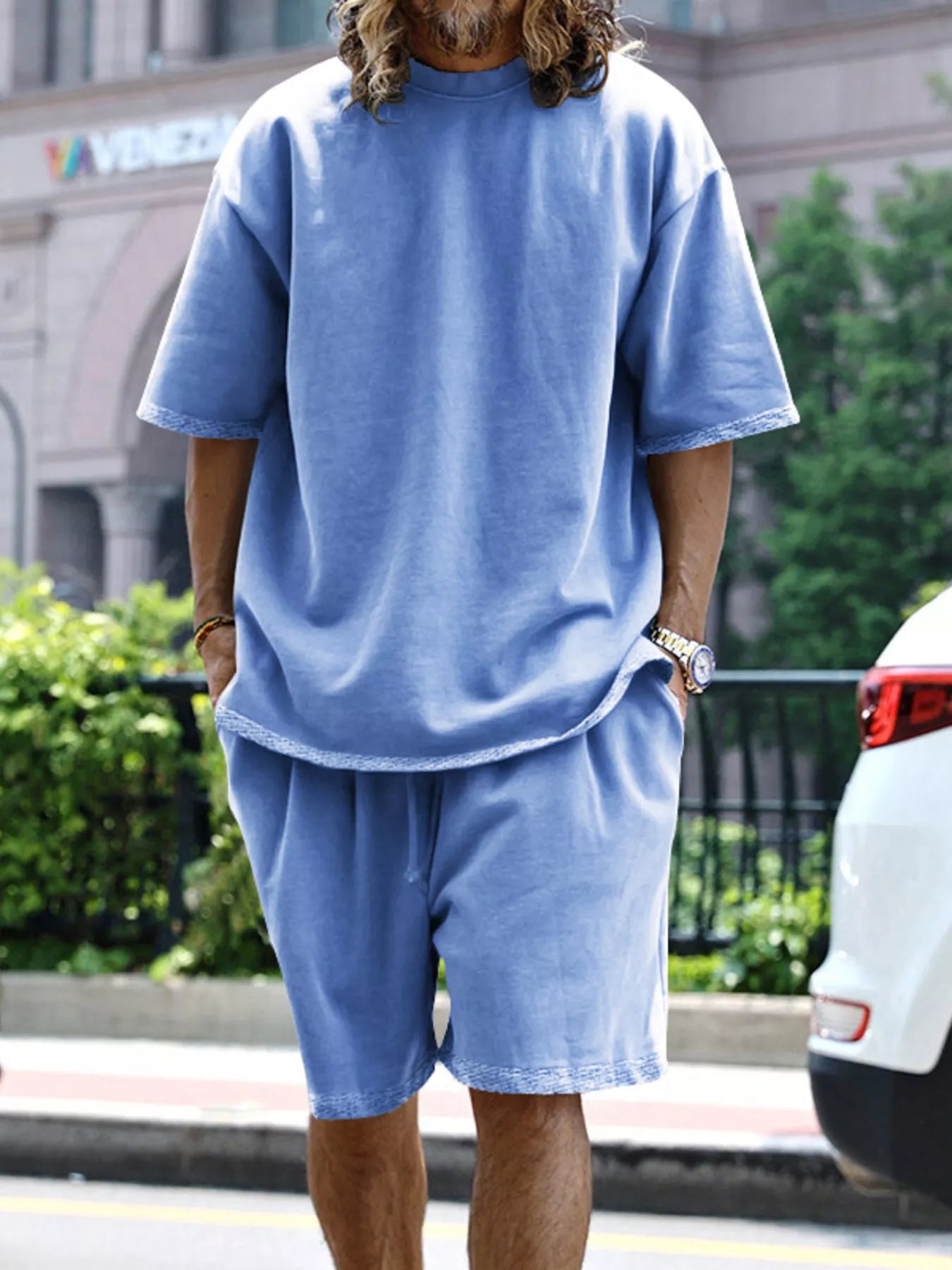 CLOTHRA men plus size matching two piece t-shirt and shorts set showing a relaxed modern casual fit and premium loungewear drape. in a color Sky Blue