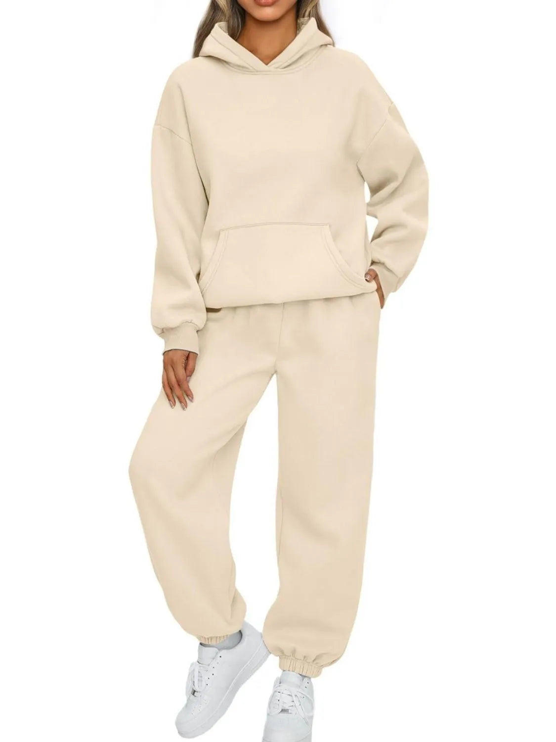 CLOTHRA plus size matching pullover hoodie with front kangaroo pocket and tapered joggers two piece sweatsuit tracksuit set in a clean urban look. in a color Apricot