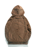 Detailed close up shot of the ultra soft brushed cotton fleece interior lining on CLOTHRA premium cozy hoodie. Back side view in color Camel