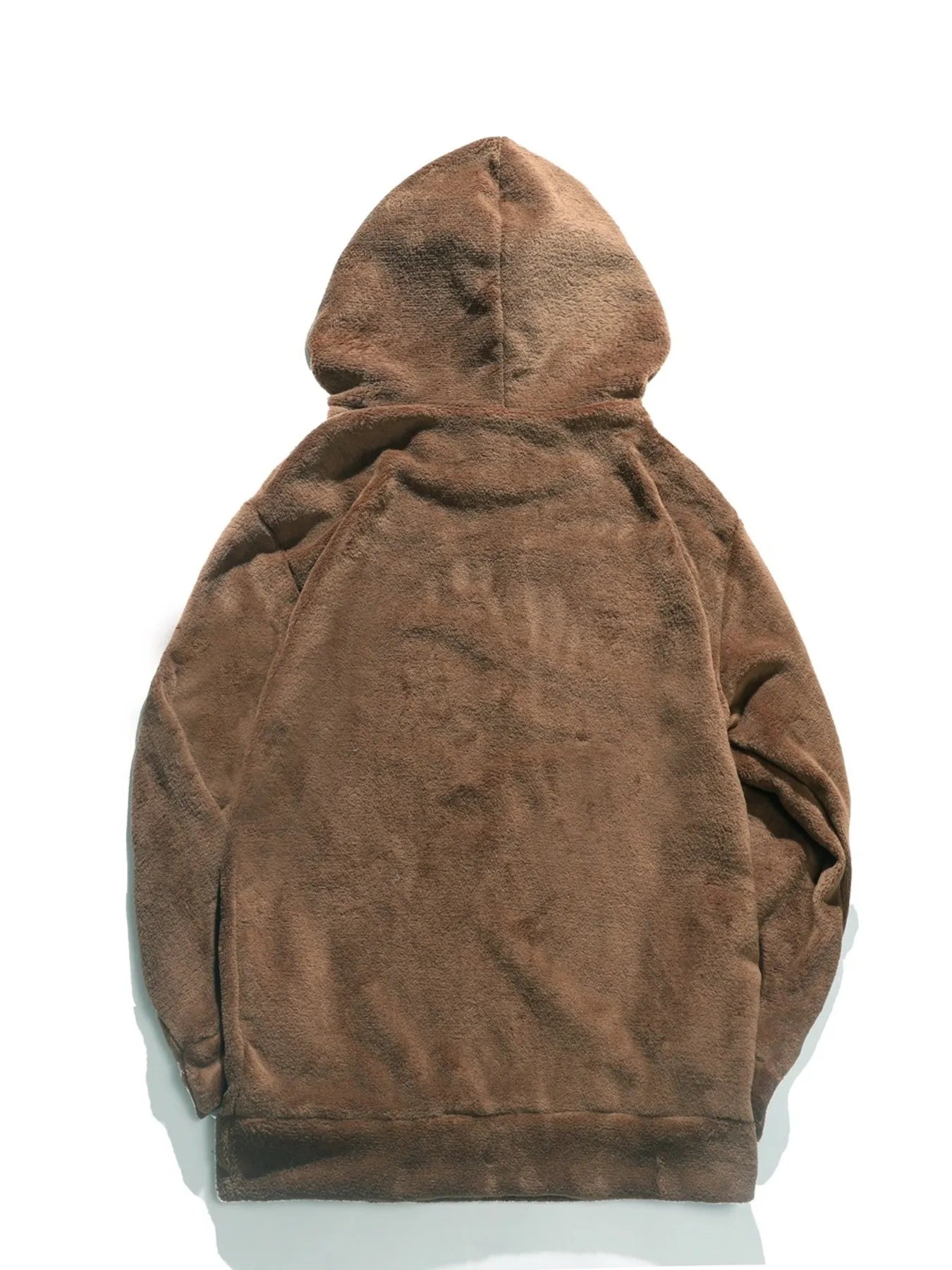 Detailed close up shot of the ultra soft brushed cotton fleece interior lining on CLOTHRA premium cozy hoodie. Back side view in color Camel