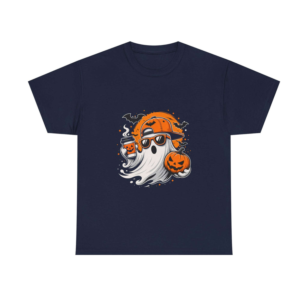 A navy blue short-sleeve crewneck t-shirt featuring a cartoon graphic of a white ghost wearing orange sunglasses and an orange cap, with jack-o'-lantern pumpkins.