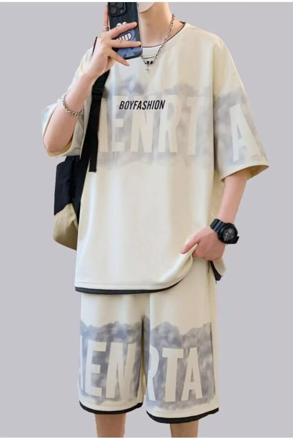CLOTHRA men plus size oversized matching two piece t-shirt and shorts set showing a relaxed drop shoulder fit and urban streetwear style. in a color Cream