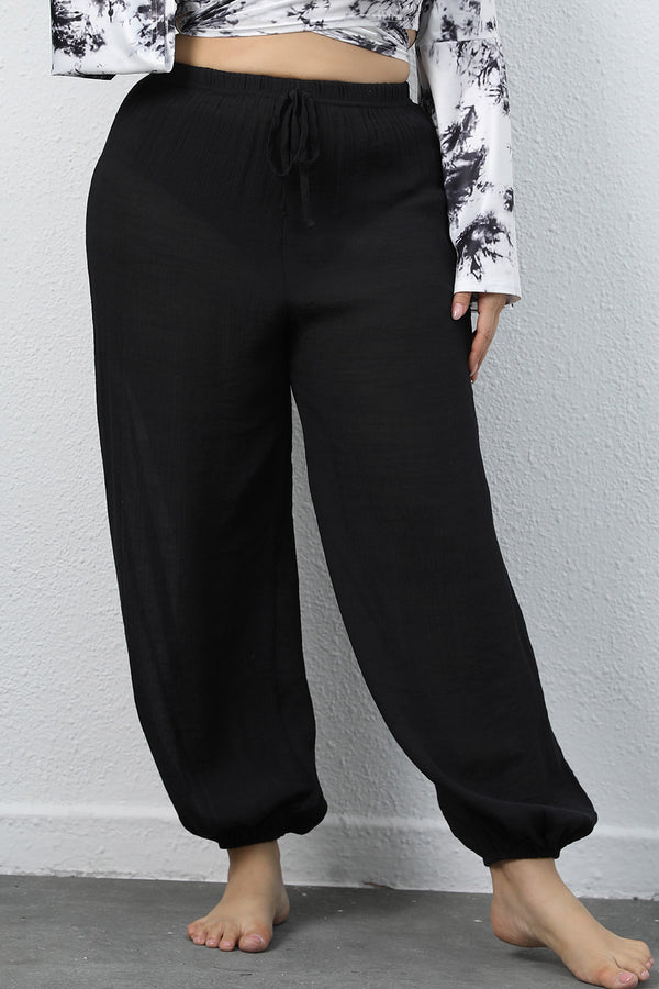 CLOTHRA plus size casual drawstring jogger pants with adjustable tie waist in an opaque black colorfront side view