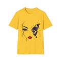 A yellow short-sleeve crewneck t-shirt featuring a graphic print of a woman's face with one eye covered by a blue butterfly, displayed on a solid white background.