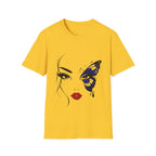 A yellow short-sleeve crewneck t-shirt featuring a graphic print of a woman's face with one eye covered by a blue butterfly, displayed on a solid white background.