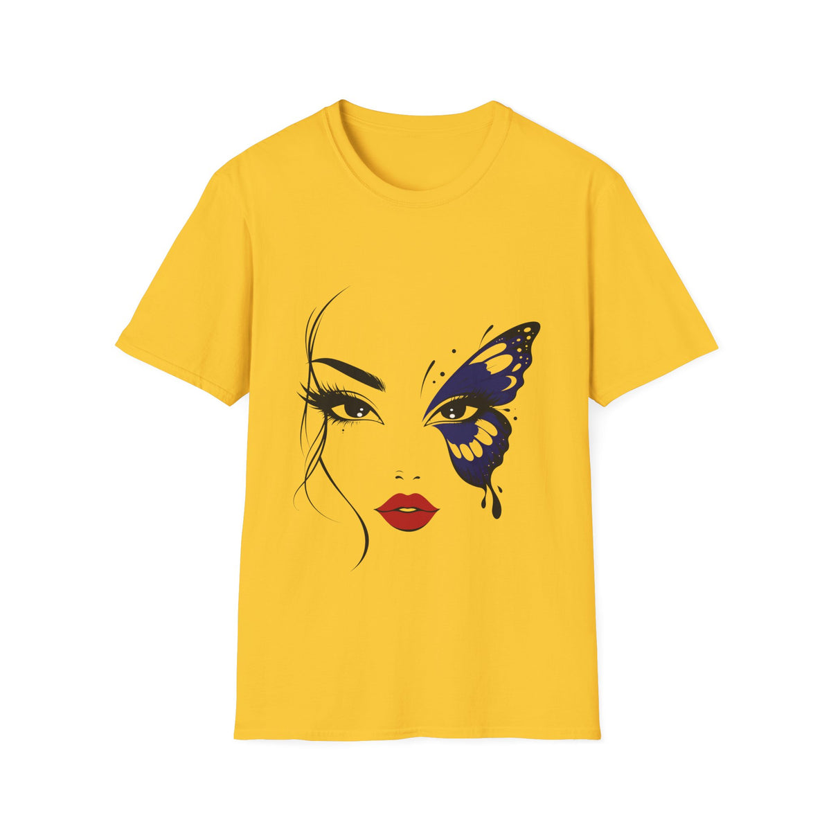 A yellow short-sleeve crewneck t-shirt featuring a graphic print of a woman's face with one eye covered by a blue butterfly, displayed on a solid white background.