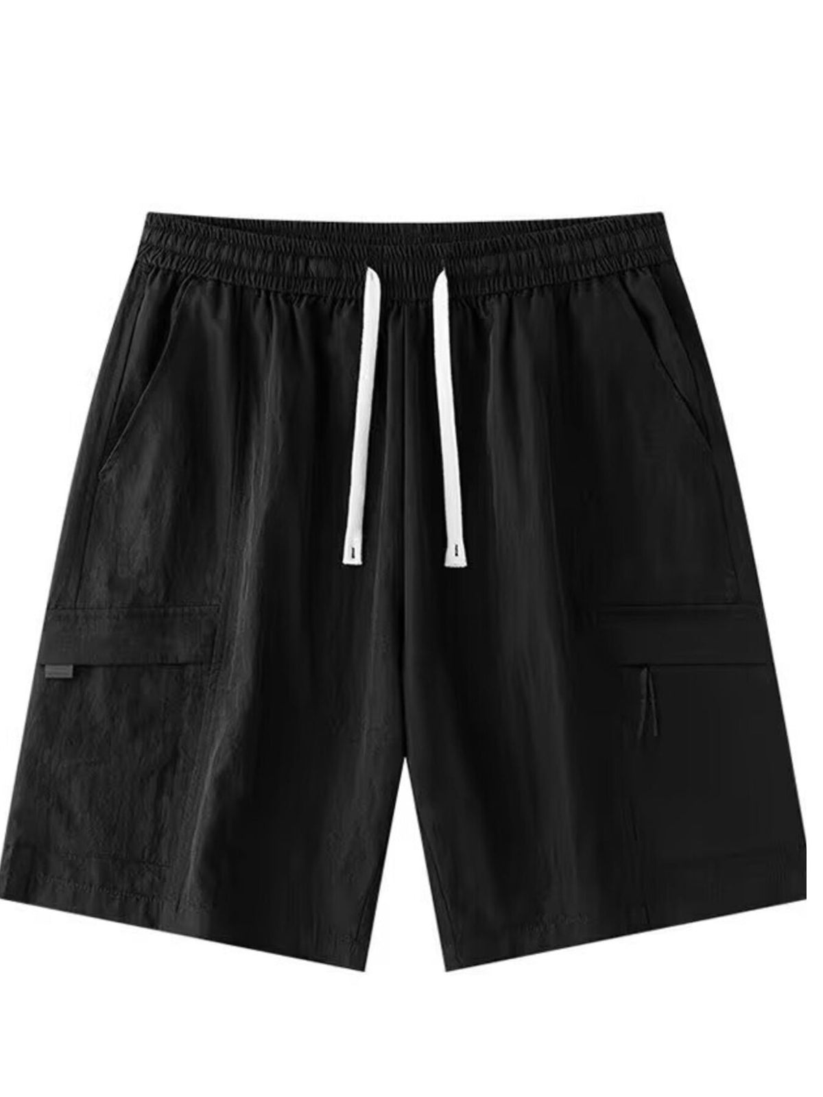 Close up of the extra wide elastic waistband and heavy duty front drawstring on CLOTHRA men plus size relaxed shorts. in a color Black