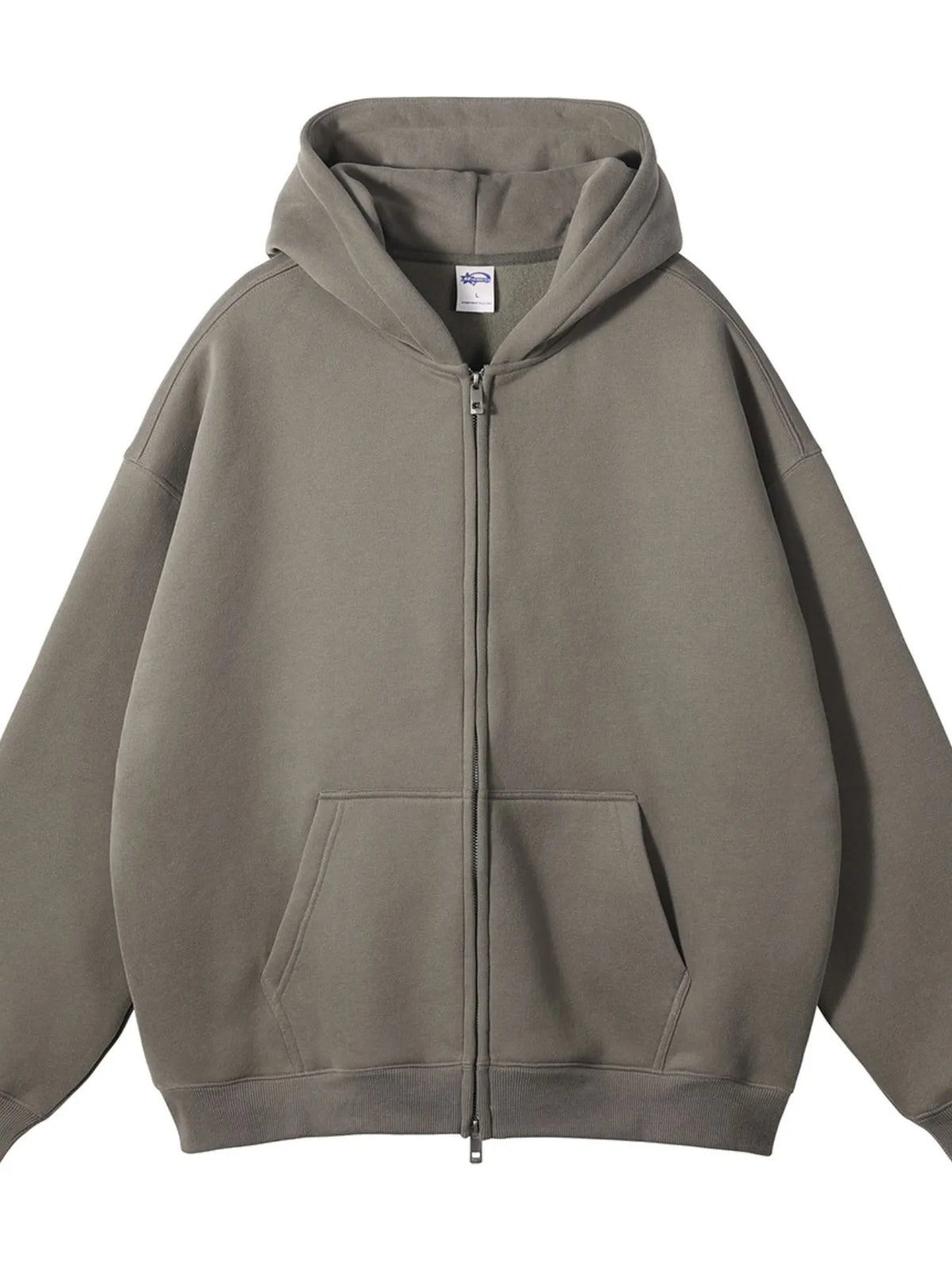 CLOTHRA unisex premium fleece zip-up hoodie showing an oversized fit and cozy streetwear style with front zipper. in a color Mocha