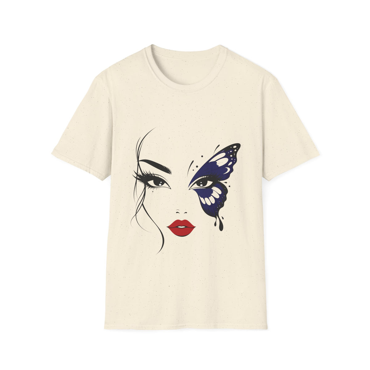 An off-white short-sleeve crewneck t-shirt featuring a graphic print of a woman's face with one eye replaced by a blue and black butterfly, and red lips.
