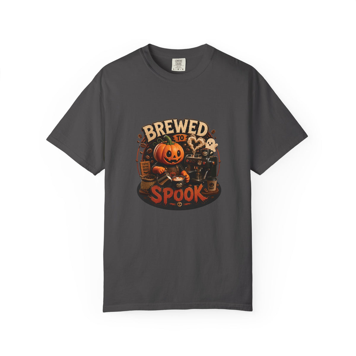 A dark gray crewneck t-shirt featuring a Halloween graphic with a jack-o'-lantern, a skeleton, a ghost, and the words 'BREWED FOR SPOOK' in orange and cream lettering.