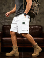 Detailed close up of the spacious side cargo pocket with durable double stitching on CLOTHRA men full size casual shorts. style view White color