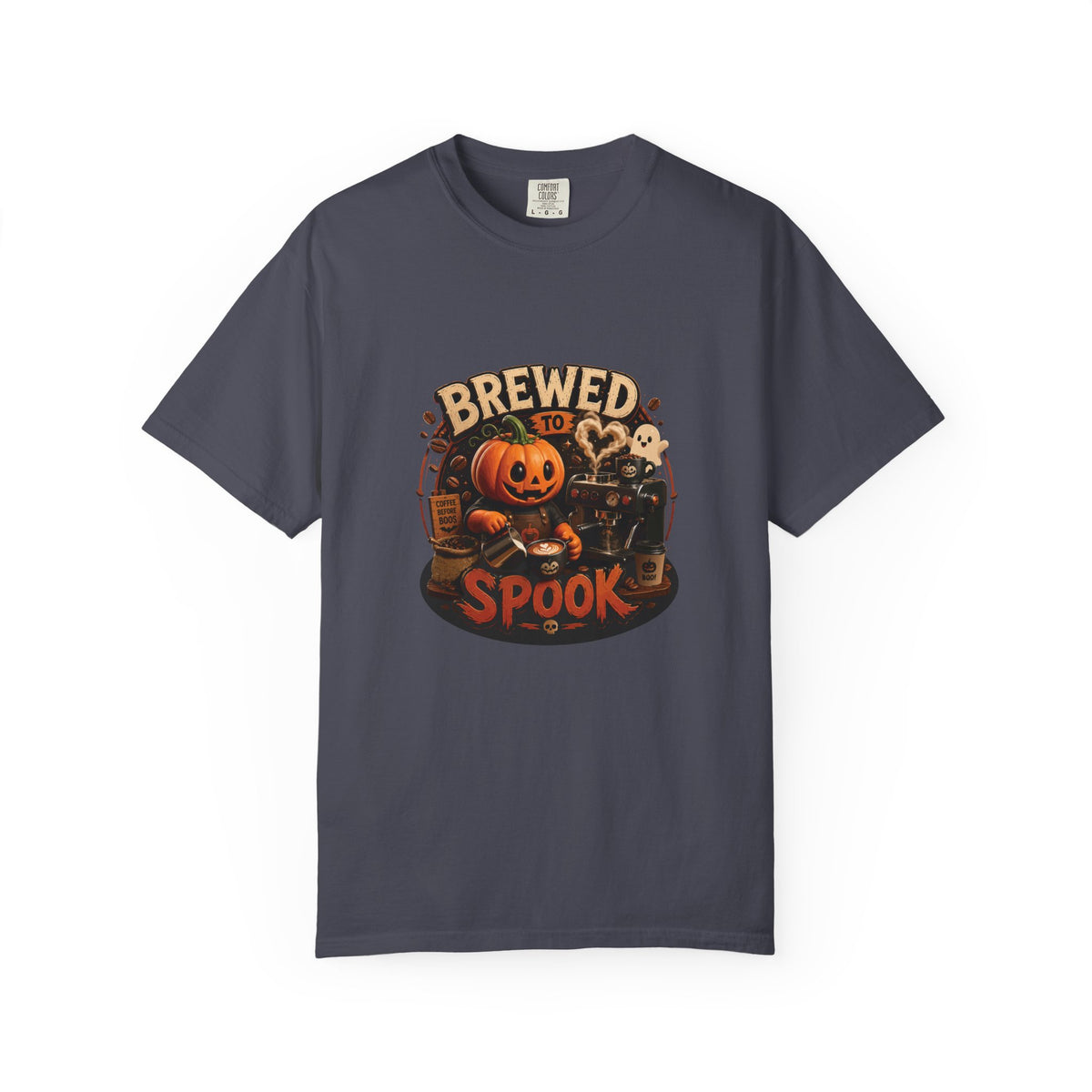 A dark gray crewneck t-shirt featuring a colorful graphic on the front with a jack-o'-lantern, a skeleton, a witch, and the text 'BREWED FOR SPOOK'.
