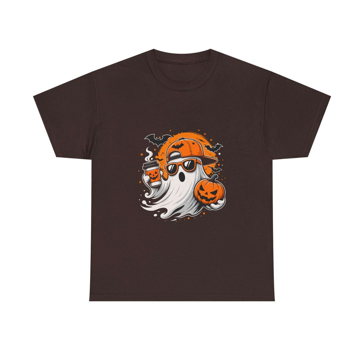 A dark brown short-sleeve crewneck t-shirt featuring a graphic of a ghost wearing an orange baseball cap and sunglasses, with jack-o'-lantern pumpkins, set against a plain white background.
