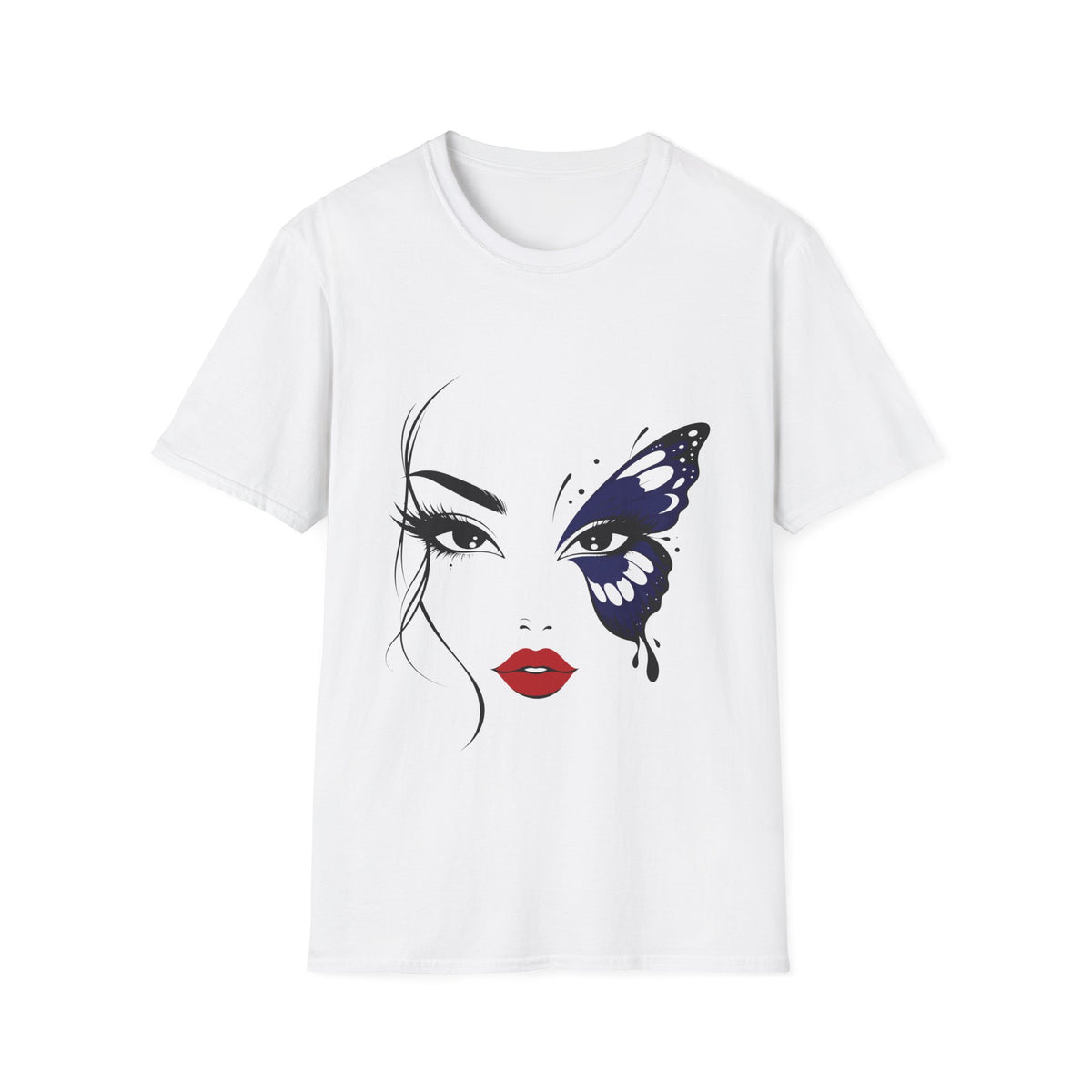 A white short-sleeve crewneck t-shirt featuring a graphic print of a stylized female face with black eyelashes, red lips, and a blue and black butterfly on one eye, displayed against a solid white background.
