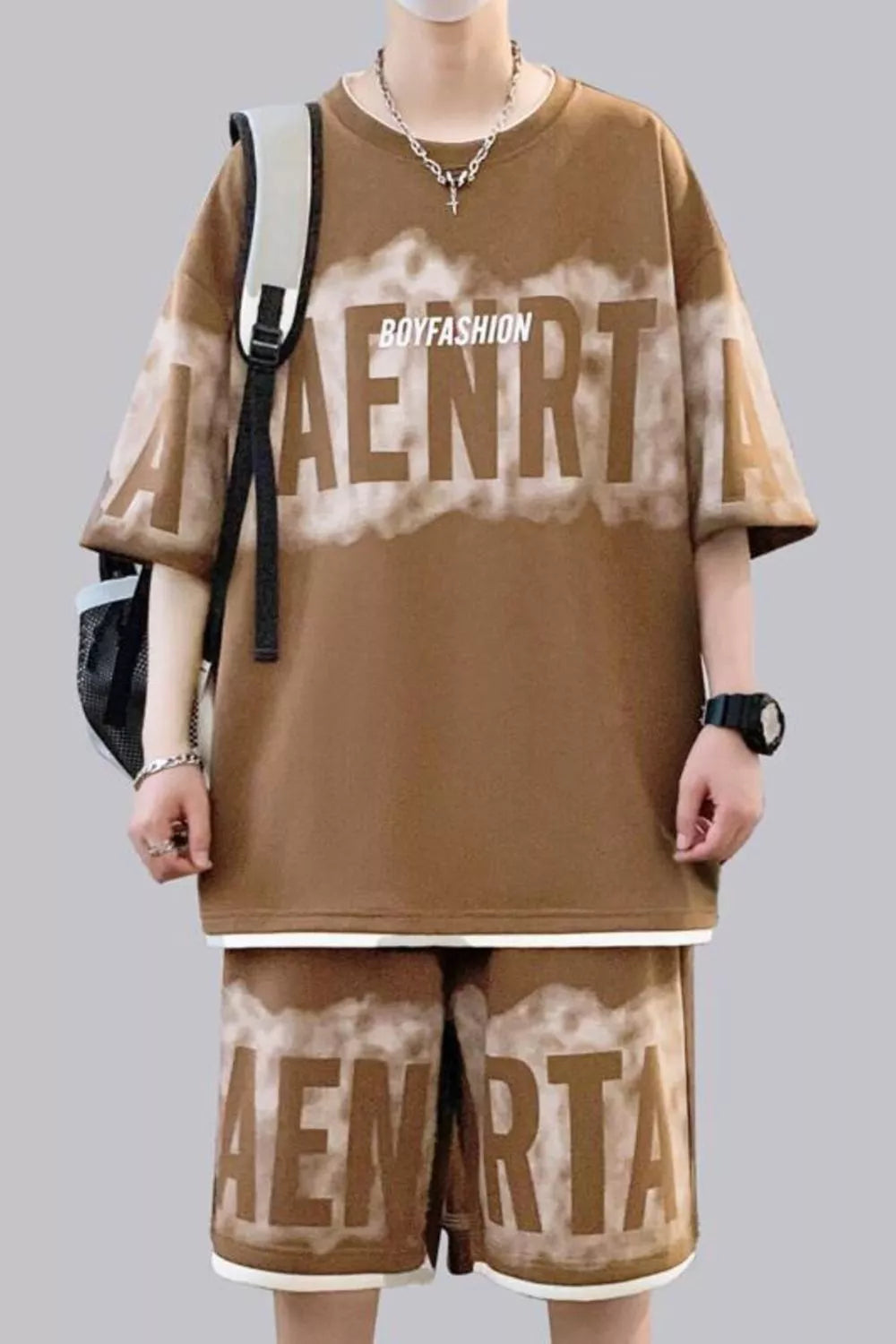 CLOTHRA men plus size oversized matching two piece t-shirt and shorts set showing a relaxed drop shoulder fit and urban streetwear style. in a color Caramel