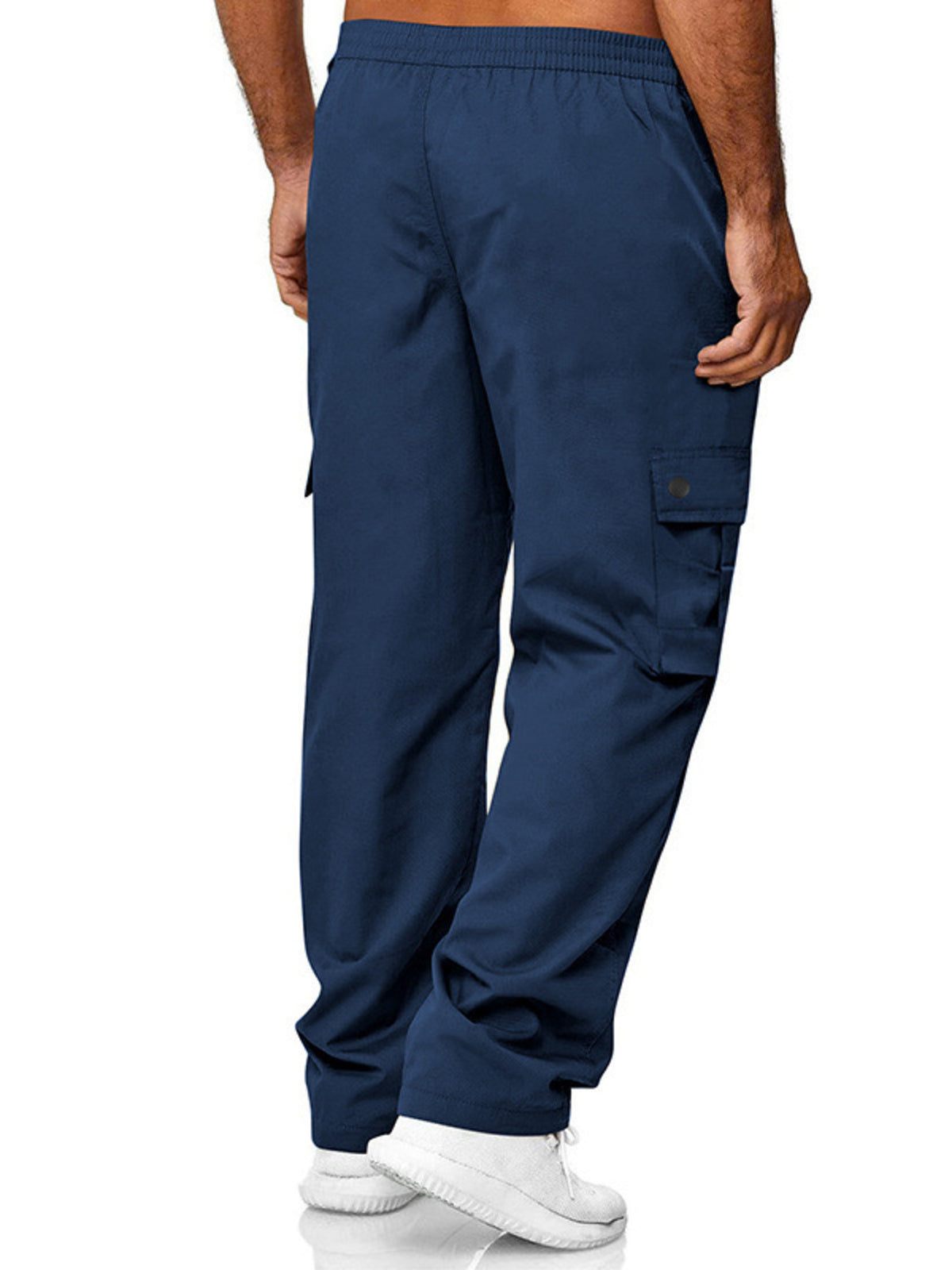 Close up of the premium wide elastic waistband and adjustable front drawstring on CLOTHRA men plus size cargo trousers. Back side view