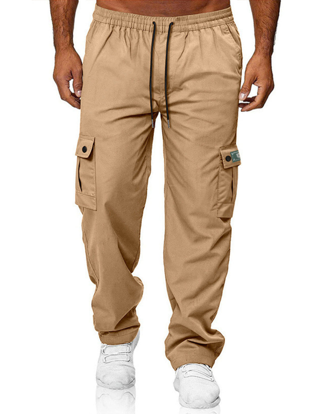 Close up of the premium wide elastic waistband and adjustable front drawstring on CLOTHRA men plus size cargo trousers. in a color Kaki