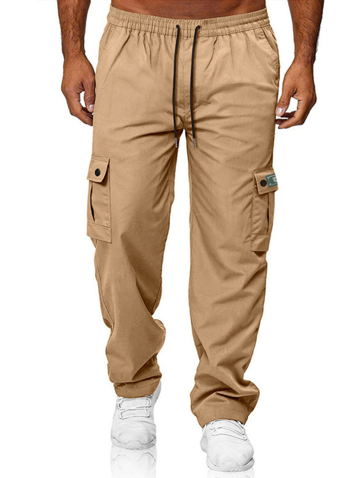 Close up of the premium wide elastic waistband and adjustable front drawstring on CLOTHRA men plus size cargo trousers. in a color Kaki