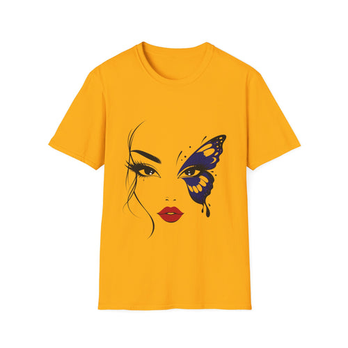 A yellow short-sleeve crewneck t-shirt featuring a graphic print of a woman's face with one eye covered by a blue butterfly, displayed on a solid white background.