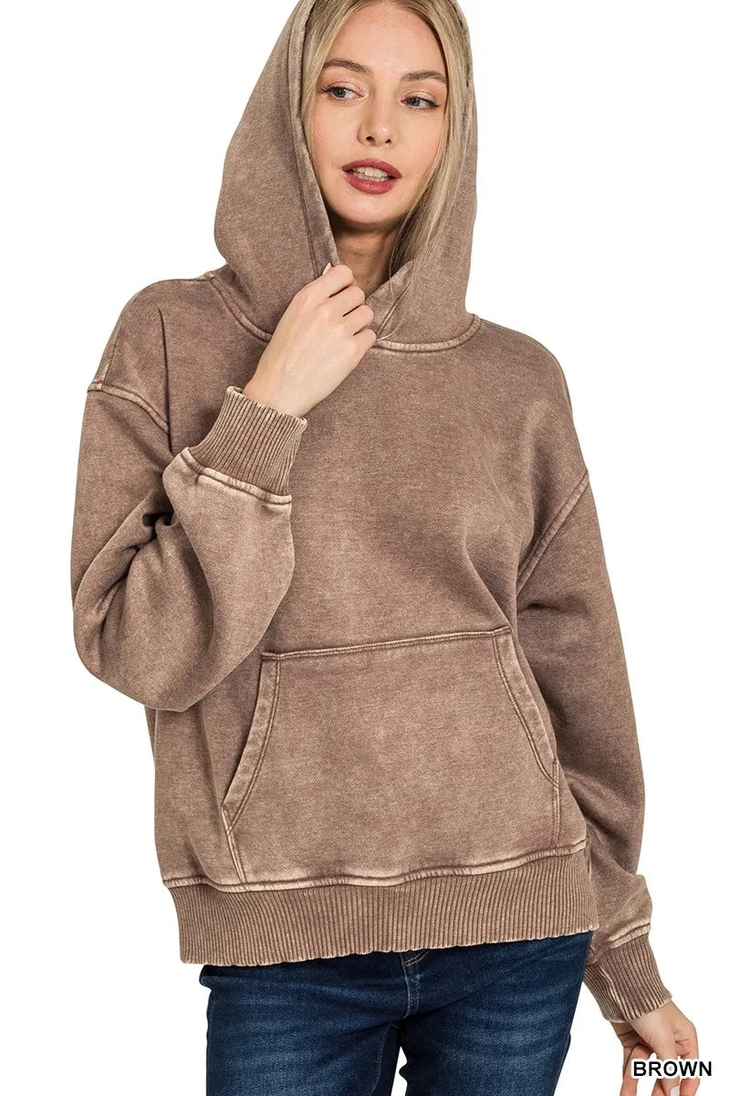 CLOTHRA fleece acid wash hoodie showing a unique marbled texture and relaxed streetwear pullover style.