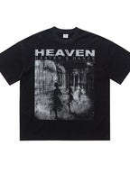 Close up of the stay-flat crew neck collar and sharp chest graphic print design on CLOTHRA basic style tee.