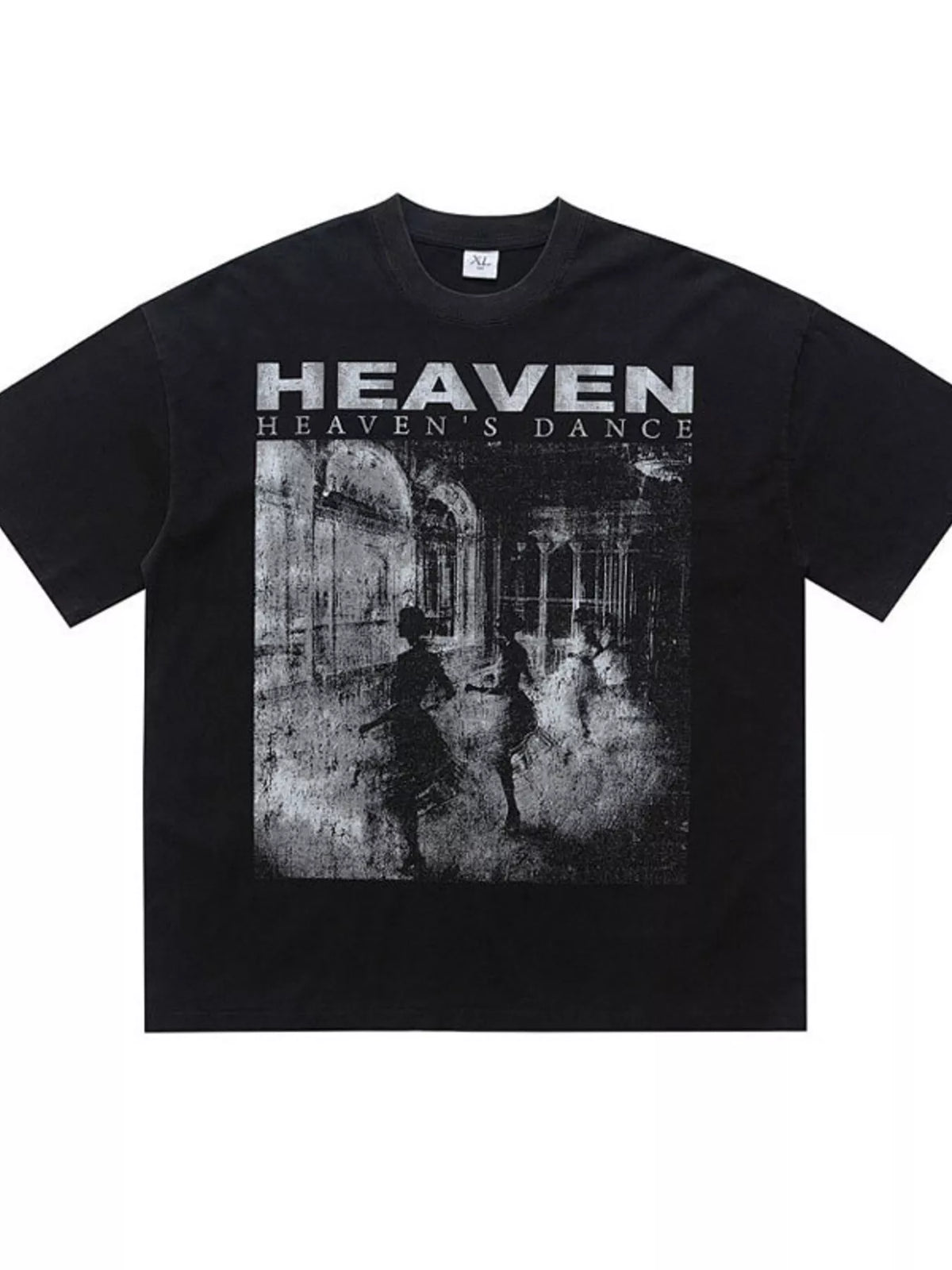 Close up of the stay-flat crew neck collar and sharp chest graphic print design on CLOTHRA basic style tee.