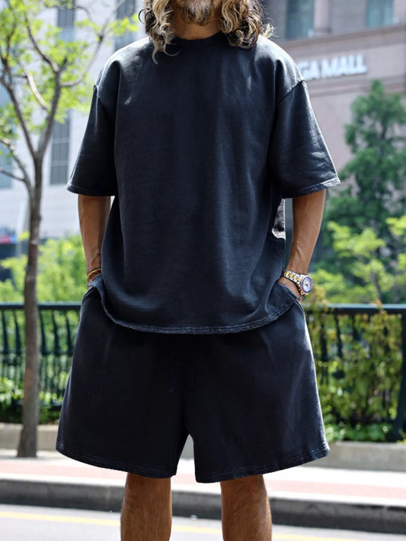 CLOTHRA men plus size matching two piece t-shirt and shorts set showing a relaxed modern casual fit and premium loungewear drape. in a color Navy