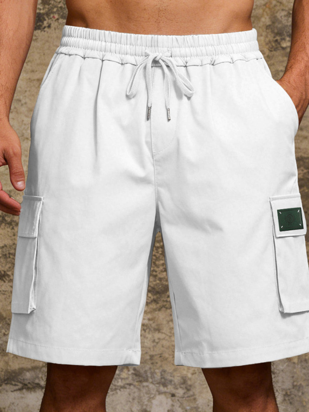 CLOTHRA men full size lightweight cargo shorts showing a comfortable plus size streetwear style with multi pockets. in a color White